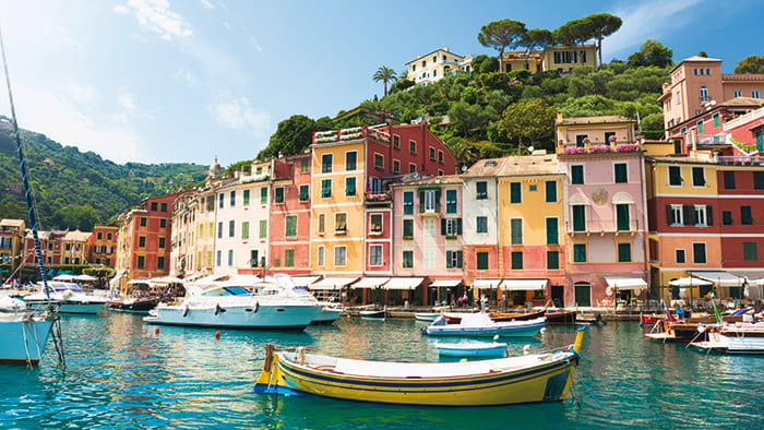 Colourful houses surrounding the harbour in Portofino, on the Italian Riviera